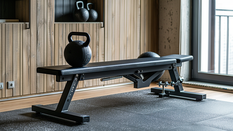 a kettlebell on a weight bench in a small, residential gym