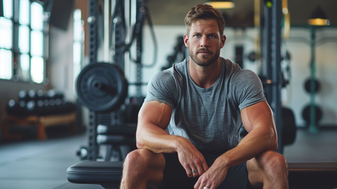 an in-shape man sitting on a bench at the gym about to workout