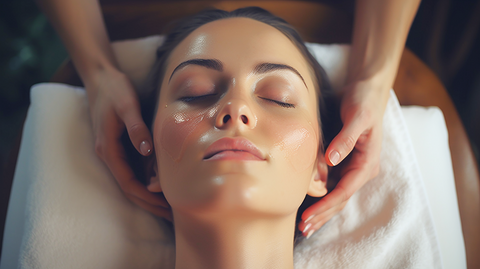 a woman at a spa getting a facial beauty treatment
