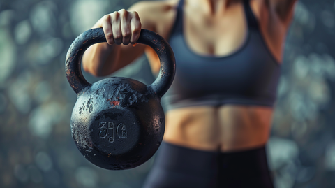 a woman holding a kettle bell