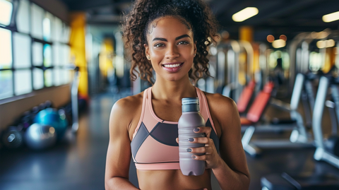 a woman at the gym smiling and holding a shaker