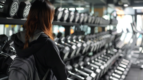 a woman entering the gym, passing a long rack of dumbbells