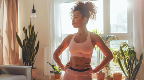 a young lady wearing workout clothes in her living room about to do a bodyweight workout