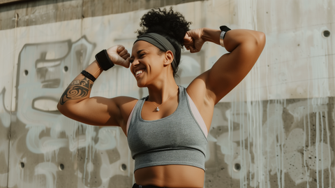 a muscular woman flexing her arms and smiling
