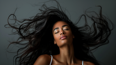 a woman with long, healthy hair flowing in the wind for a photoshoot