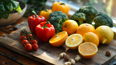 a spread of citrus fruits, bell peppers, broccoli, and nuts