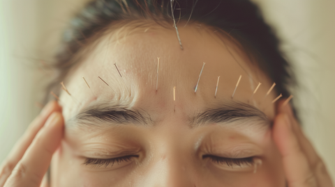 acupuncture needles strategically placed along their temples and forehead