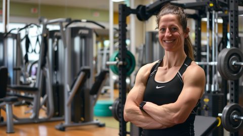 a in-shape fitness trainer standing at the gym with her arms crossed and smiling