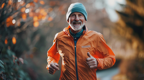 an older man with a gray beard, going on a run on an autumn day, smiling