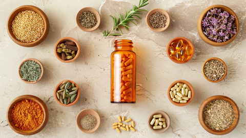 a bottle of prescription pills surrounded by pills and powders of other supplements