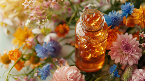 a bottle of omega-3 capsules surrounded by flowers 