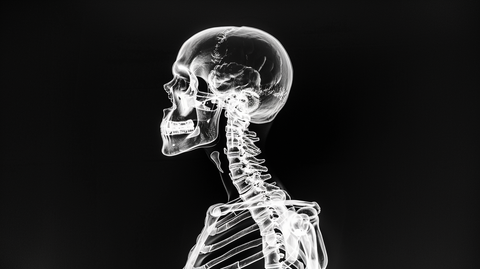 black and white image of a skeleton x-ray from the shoulders up