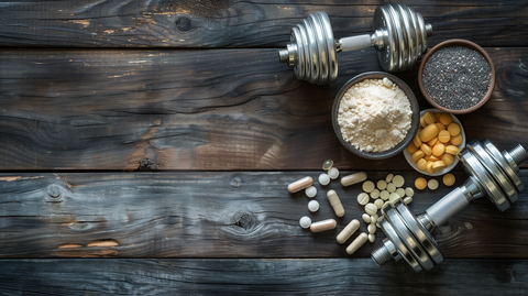 natural supplements like whey protein, BCAAs, and creatine, alongside a dumbbell