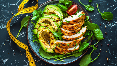 balanced plate divided into three sections, with leafy greens, grilled chicken, and avocado slices