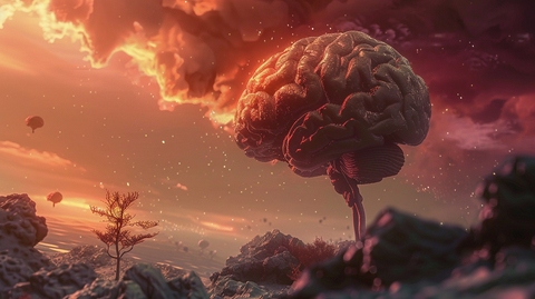 abstract - an illustration of brain in a natural disaster landscape