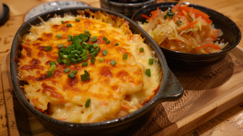 a chicken and cheese casserole with sauerkraut on the side