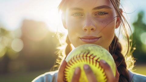 close-up of a female softball player, holding the softball up to her face as if preparing for a fast pitch