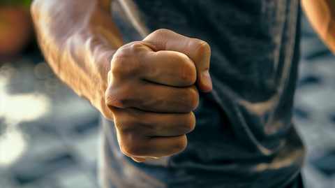 a close-up of a man flexing his fist