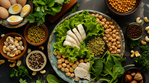 diverse healthy foods high in protein: eggs, nuts, chicken, tofu, and legumes artistically arranged around a plate