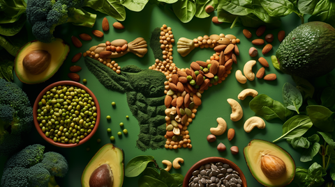  variety of colorful, natural foods like nuts, seeds, avocados, and legumes, arranged around a silhouette of flexing muscles
