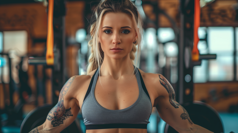  fit woman with strong arms standing in a gym