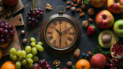 a clock surrounded by prebiotic fruits