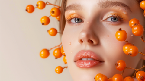 healthy skin juxtaposed with Omega-7 rich sea buckthorn berries