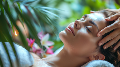 a woman getting a massage surround by palm trees and flowers