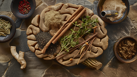 herbal supplements displayed on a brain shaped board