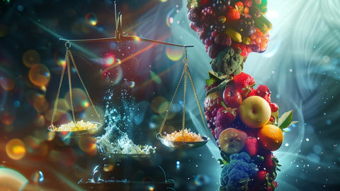 human silhouette filled with vibrant, glowing fruits and vegetables against a backdrop of muscle fibers, with a balance scale made of water droplets and mineral crystals 
