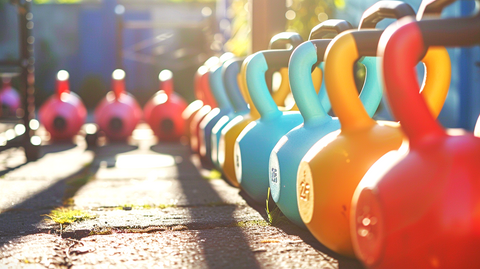 a row of colorful kettlebells