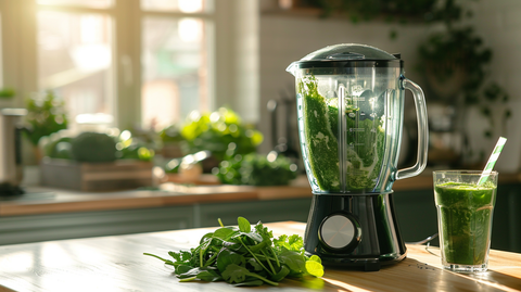 kitchen counter with a blender, a variety of fresh greens spilling into it, a scoop of green powder 