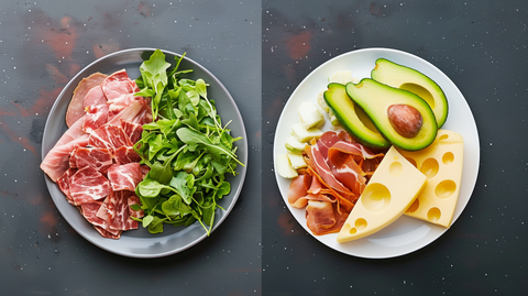 on the left, a plate with meats and leafy greens (Atkins), and on the right, a plate with high-fat foods like avocado and cheese (Keto)