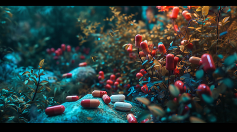 abstract image of pills in a garden