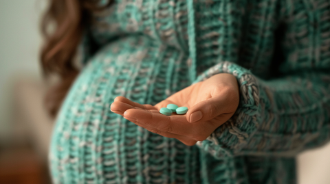 close-up of a pregnant woman's stomach, she's wearing a teal sweater and holding 3 prenatal pills in her hand