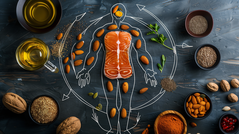  salmon, walnuts, and flaxseeds arranged in a circle around a stylized human body