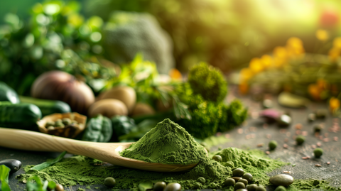 scoop of green powder against a backdrop of assorted fresh greens and vegetables
