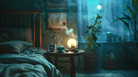 serene bedroom with moonlight filtering through, a small table with a steaming cup of tea