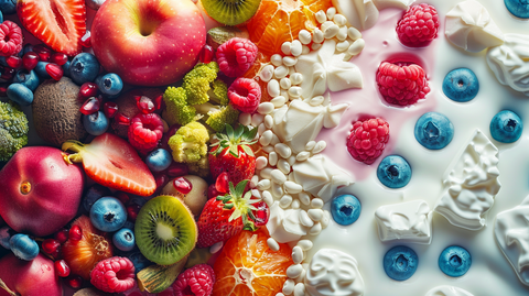 split image, with digestive enzymes as colorful fruits and vegetables on one side, and probiotics as various yogurt and fermented food shapes on the other