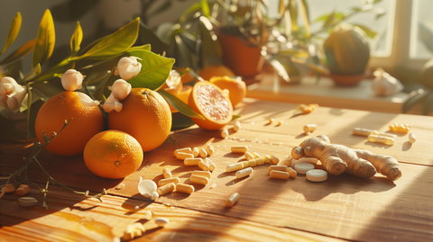 wooden table scattered with an assortment of natural supplements like echinacea, elderberry, and vitamin C capsules