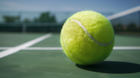 close-up of a tennis ball sitting on a tennis court