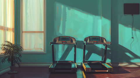 a painting of 2 treadmills in a room in a house