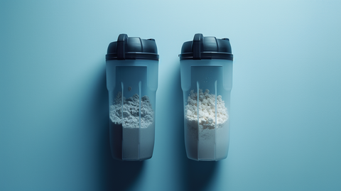 two shaker bottles: one with whey isolate powder and the other with whey concentrate powder
