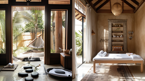  two serene massage rooms side by side; one with a calming Swedish massage setting featuring smooth stones and oils