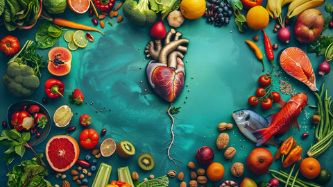 vibrant heart surrounded by fresh fruits, vegetables, nuts, and fish, with a heart