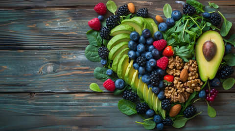 spread of anti-inflammatory foods - leafy greens, berries, avocado, and nuts - arranged in a heart shape