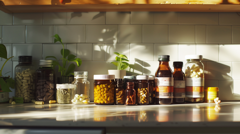 vitamin c, iron, St. John's wort, Ginkgo biloba, ginseng, and pill bottles on kitchen counter