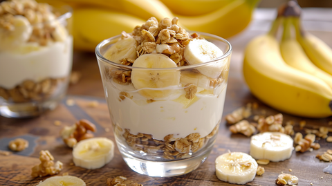 prebiotic yogurt parfait with barley granola and banana