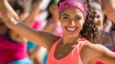 a woman dressed in bright colors, joining a zumba class workout