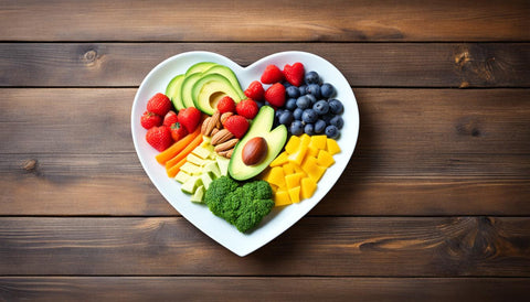 fruits and veggies on a heart-shaped plate